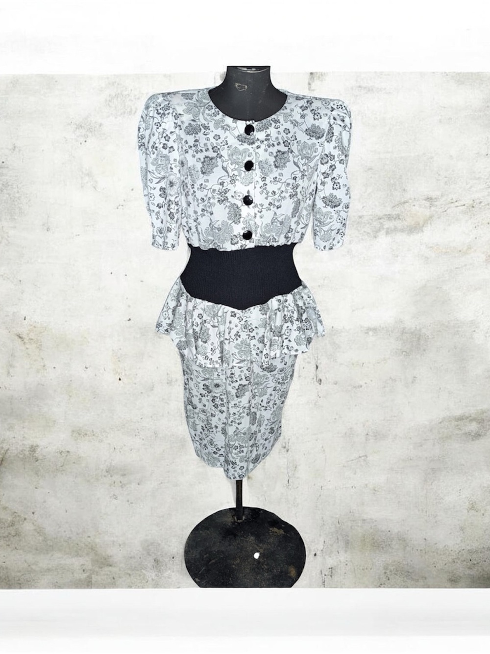 Vintage 80s Floral Peplum Dress Shoulder Pads Statement Waistband